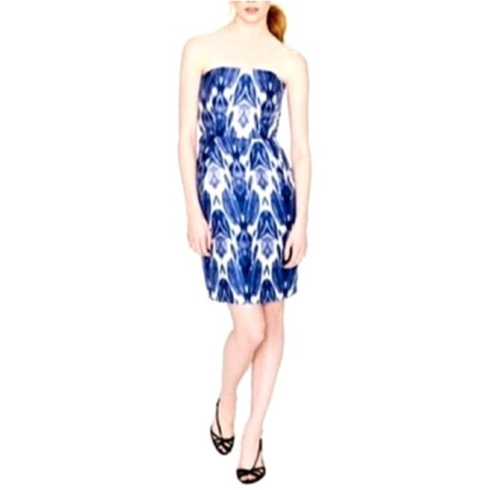 J. Crew Collection Diana 100% Silk Ikat Dress 00 Strapless Blue White Pockets